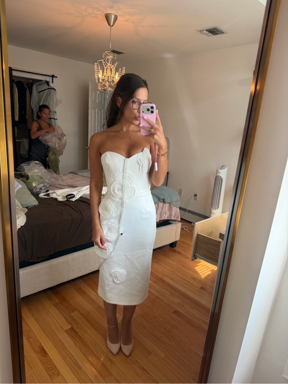 Strapless White Midi Dress with Sculpted Rosette Detail